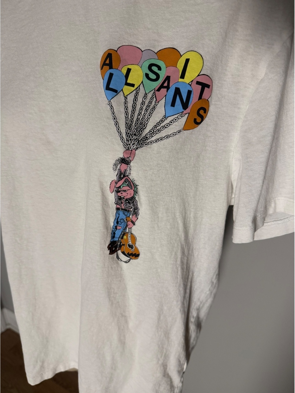 All Saints Men's White Relaxed Fit T-Shirt with Balloon Graphic
